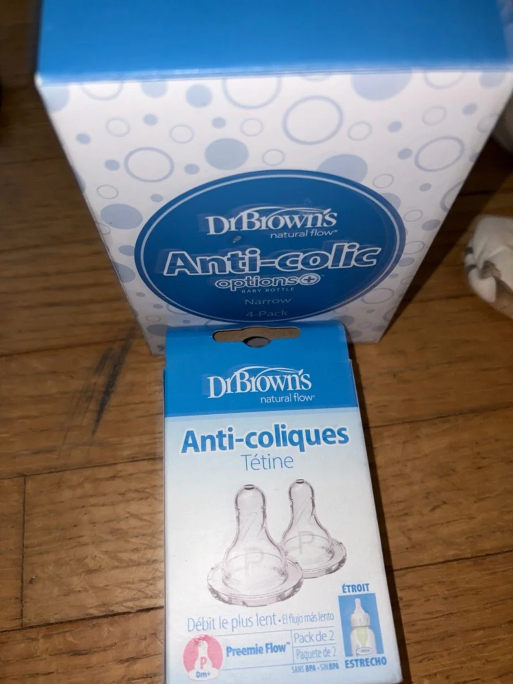 Dr. Brown's Blue Anti-Colic Baby Bottle Nipples (2-Pack) and 4 Preemie bottles